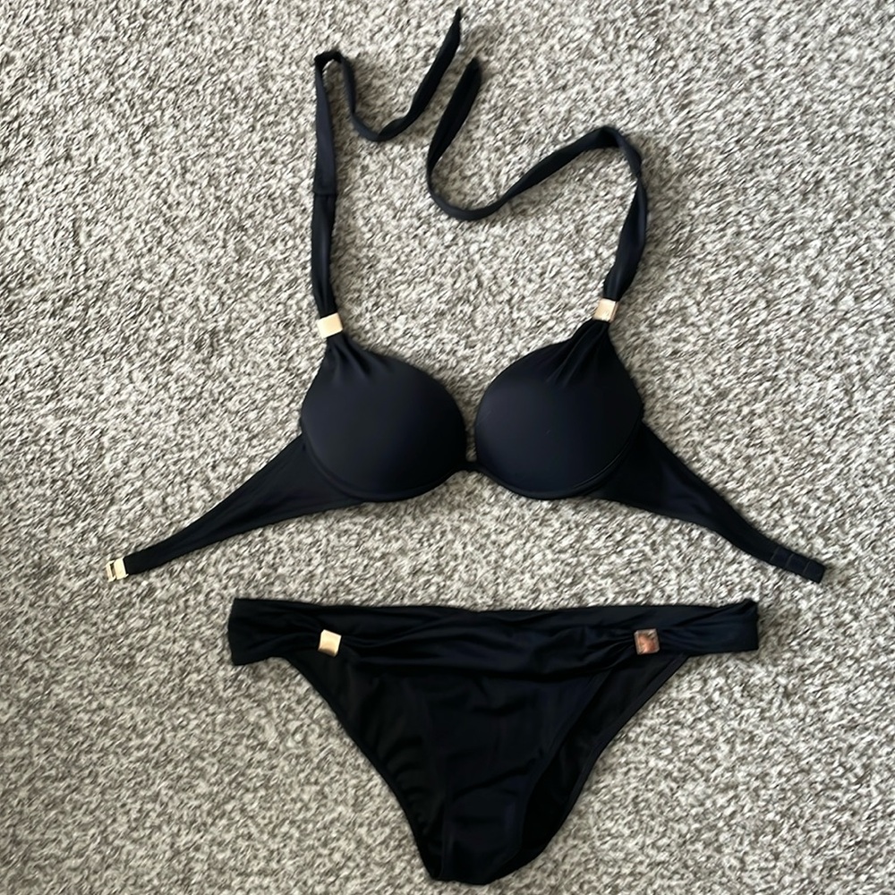 Victorias Secret black and gold bikini push up underwire top